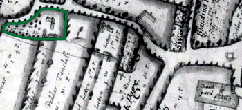 The site of the Vicarage here outlined in green on a map of 1596 [X74/2]